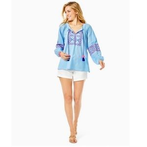 Lilly Pulitzer Cecile Zanzibar Blue Embroidered Long Sleeve Tunic Top Size Large